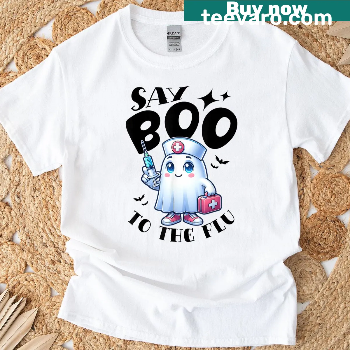 Funny Halloween T-shirt with ghost and text "Say Boo To The Flu" — on a men's t-shirt