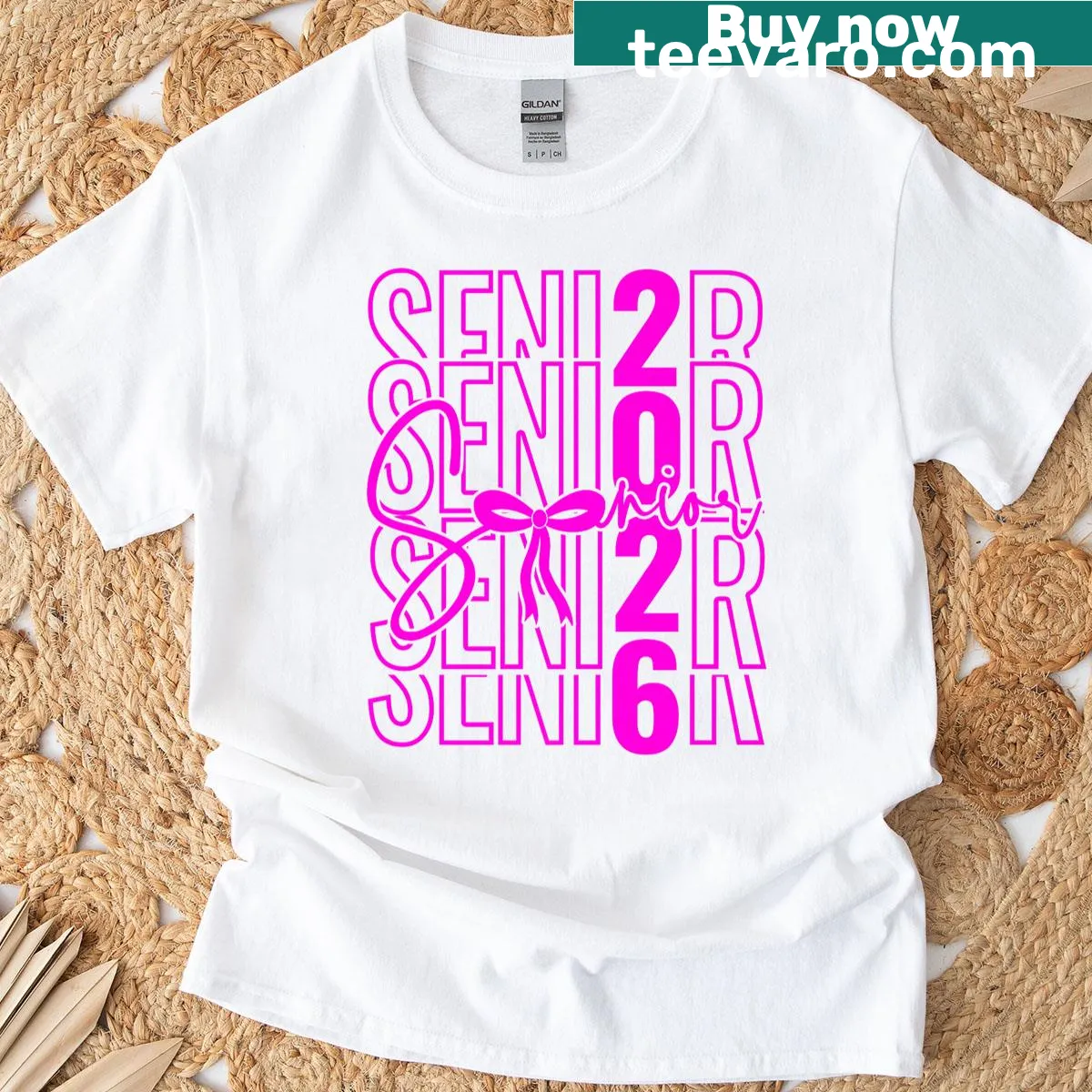 Hot pink graduation T-shirt with bow design for seniors — on a men's t-shirt