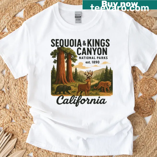 Illustration of Sequoia trees and wildlife on t-shirt