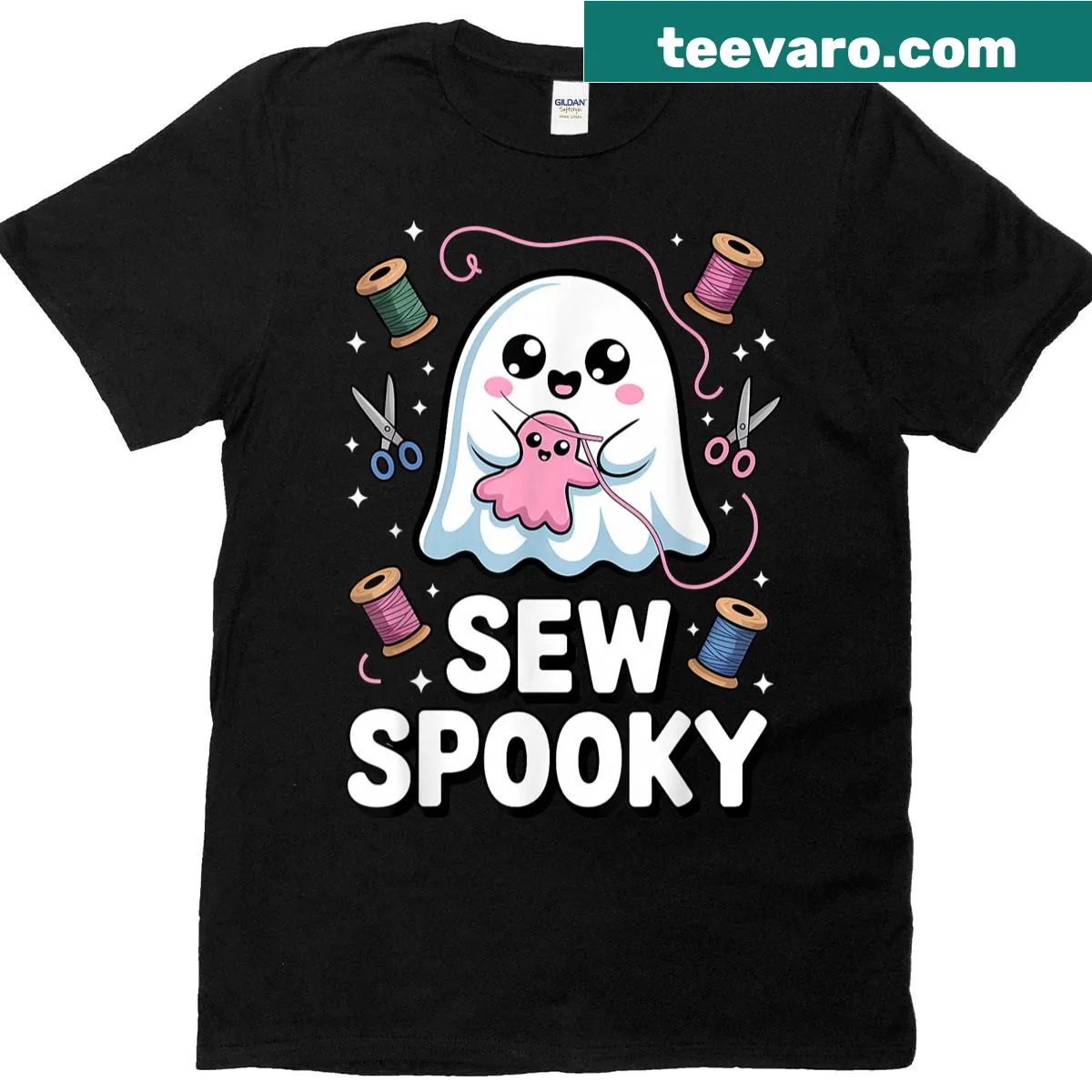 Cute Halloween shirt with a ghost sewing graphic. — on a men's t-shirt