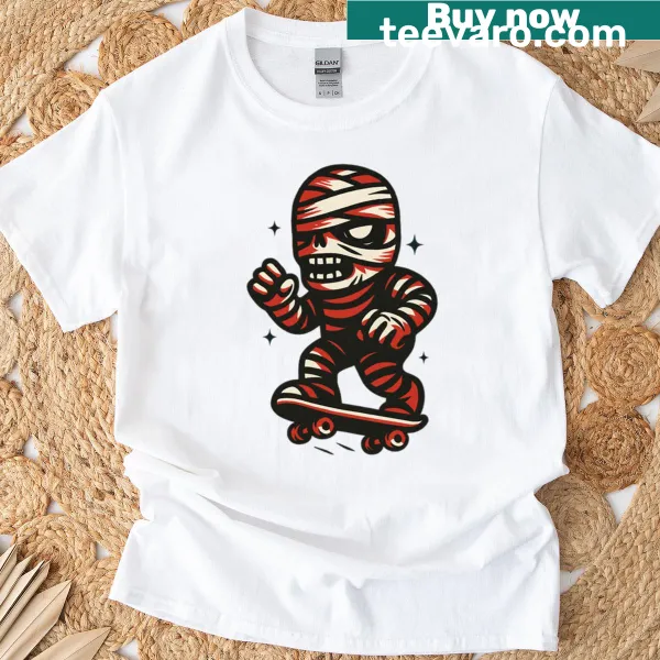 Cute cartoon skater mummy on wheels for Halloween-themed t-shirt