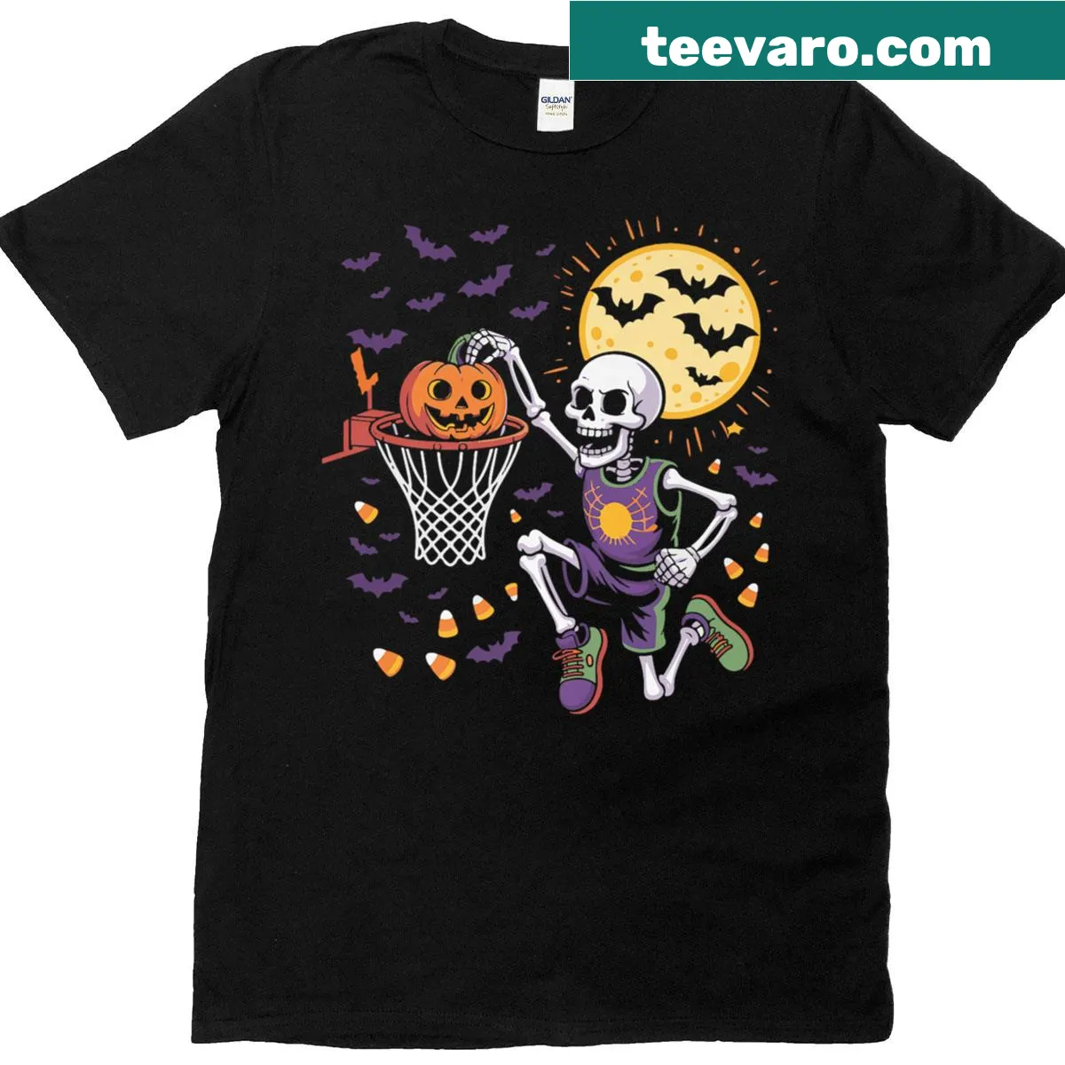 Cartoon skeleton dunking a basketball with a pumpkin design — on a men's t-shirt