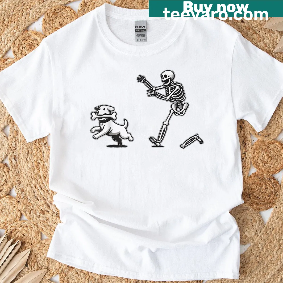 Skeleton dog chasing toy Halloween t-shirt with playful graphic — on a men's t-shirt