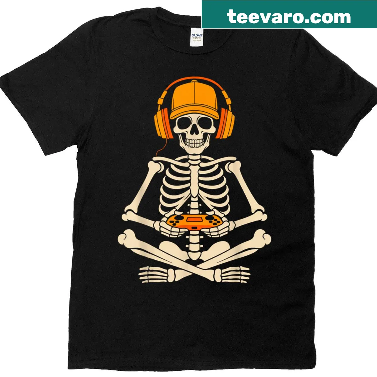 Skeleton gamer Halloween t-shirt with a skeleton holding a game controller — on a men's t-shirt