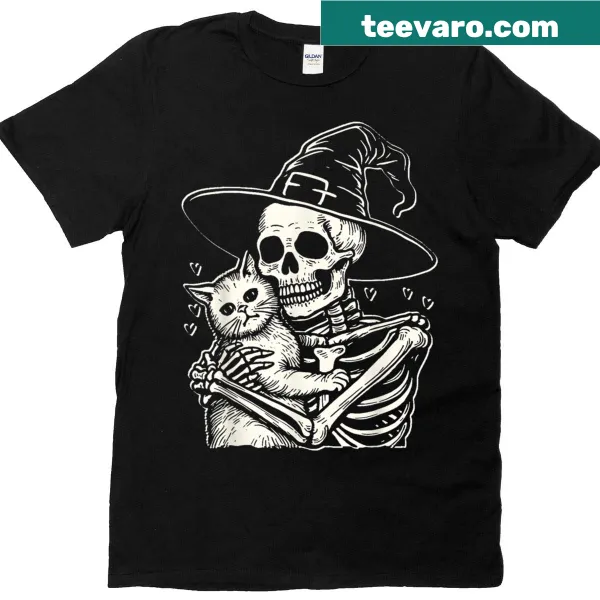 Skeleton hugging a cat with a witch's hat design for Halloween