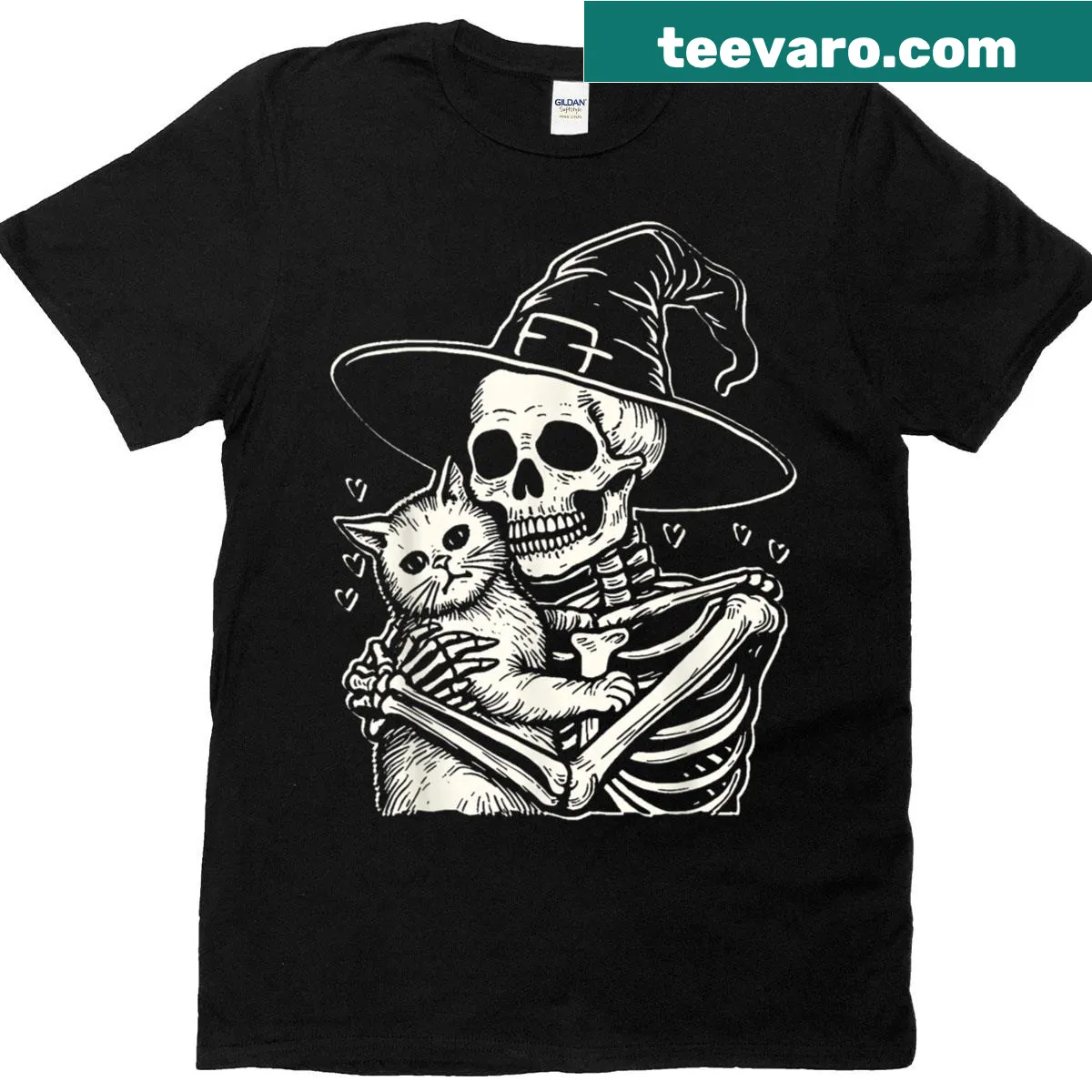 Skeleton hugging a cat with a witch's hat design for Halloween — on a men's t-shirt