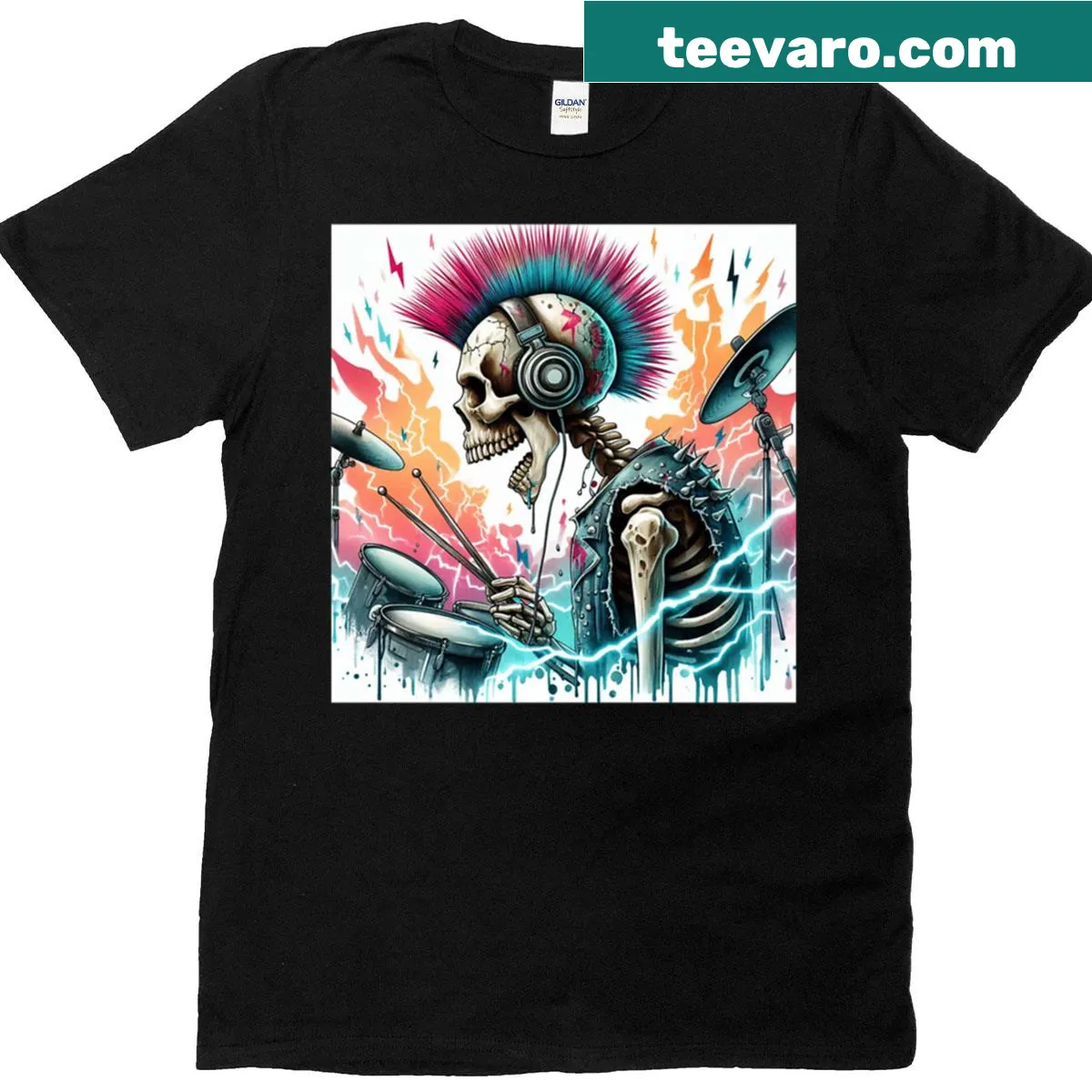 Skeleton playing drums T-shirt with a fun illustration — on a men's t-shirt