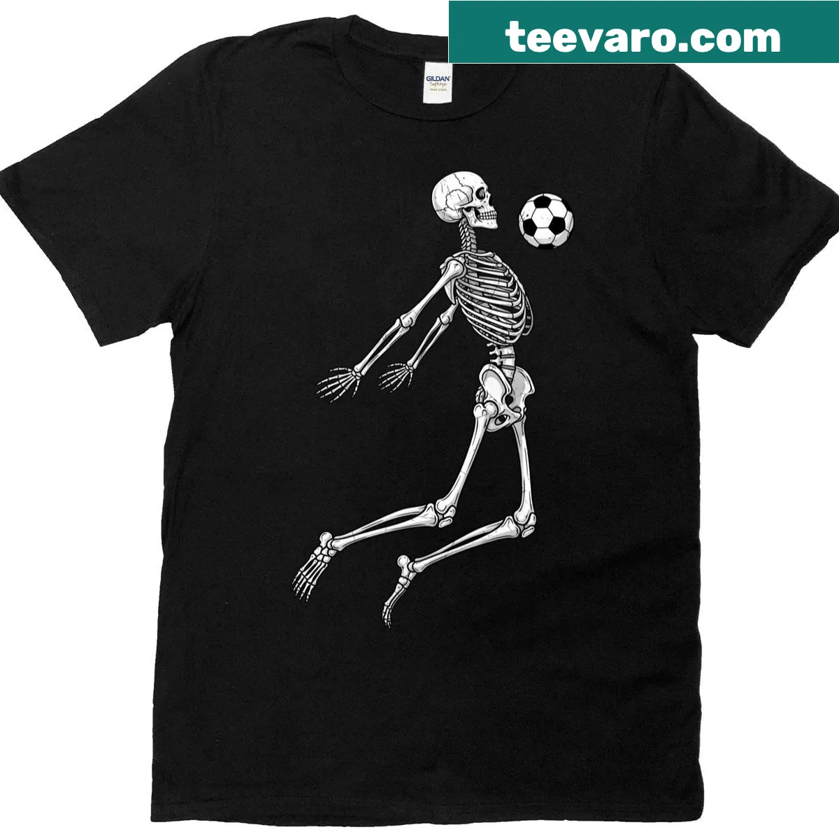 Illustrative shirt of a skeleton soccer player mid-air — on a men's t-shirt