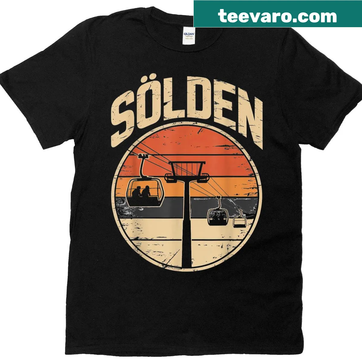 Illustrative T-shirt featuring the Slden ski area and mountains. — on a men's t-shirt
