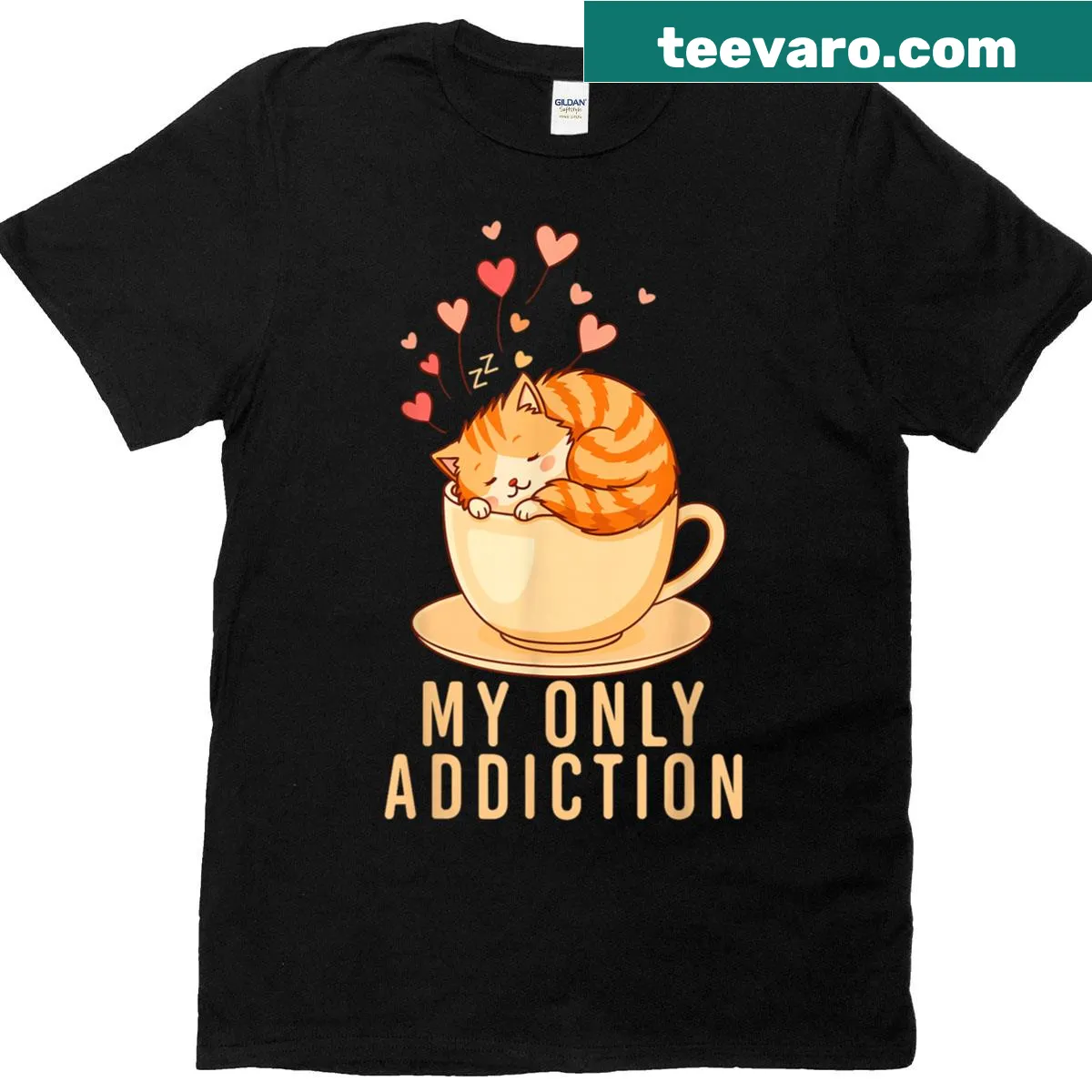 Funny cat sleeping in a coffee cup illustration t-shirt — on a men's t-shirt