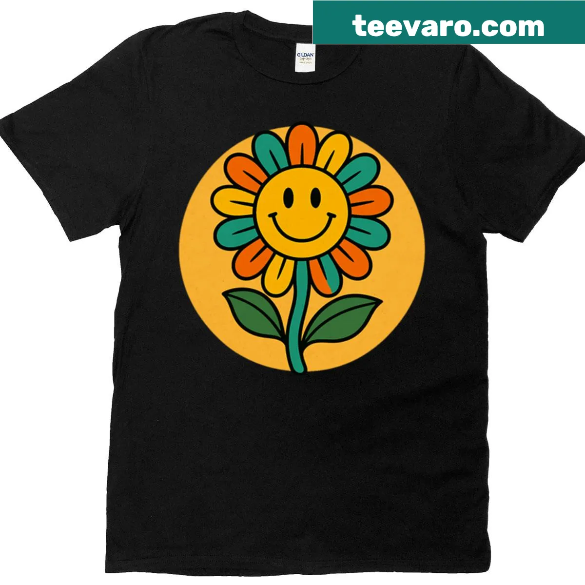 Vintage-style shirt with a smiling flower graphic — on a men's t-shirt