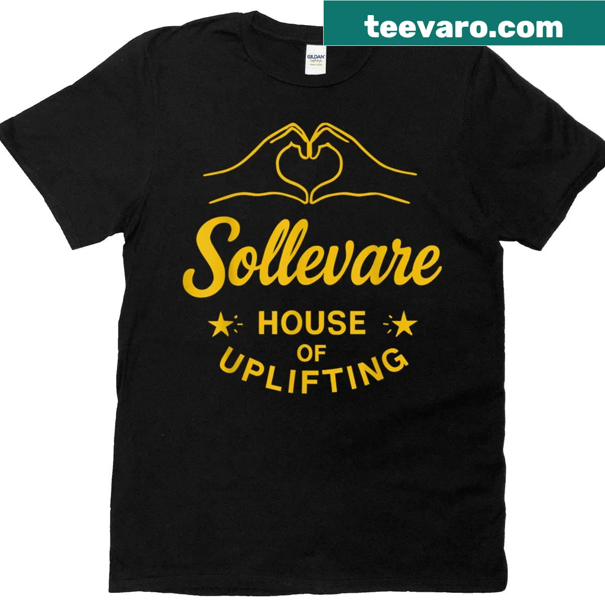 Heart hands emblem graphic on a yellow t-shirt — on a men's t-shirt