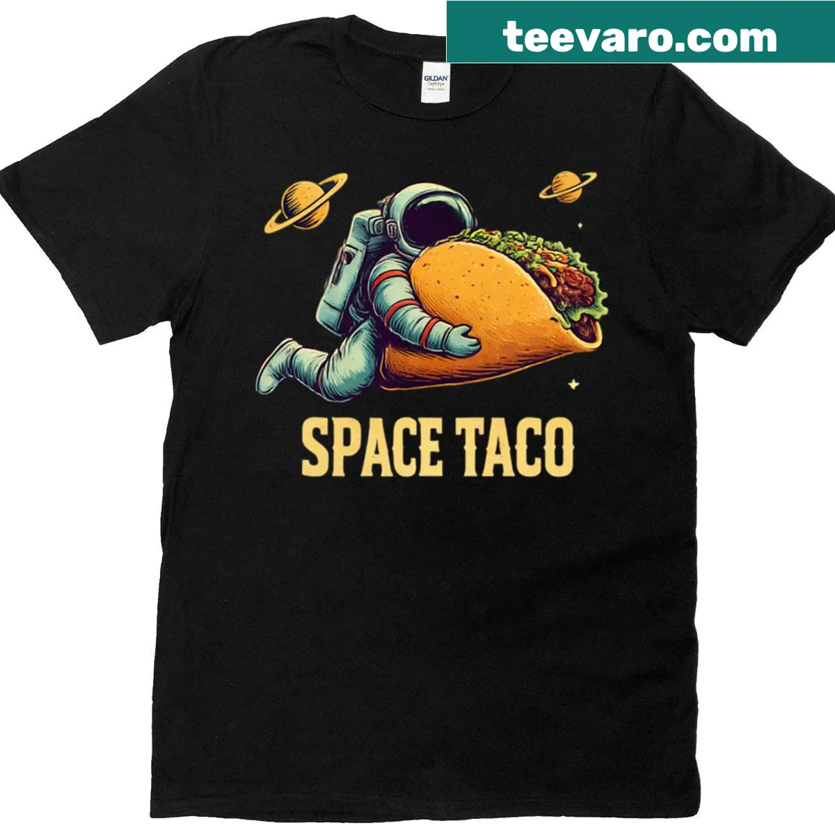 Oversized tee depicting a taco in space surrounded by stars. — on a men's t-shirt
