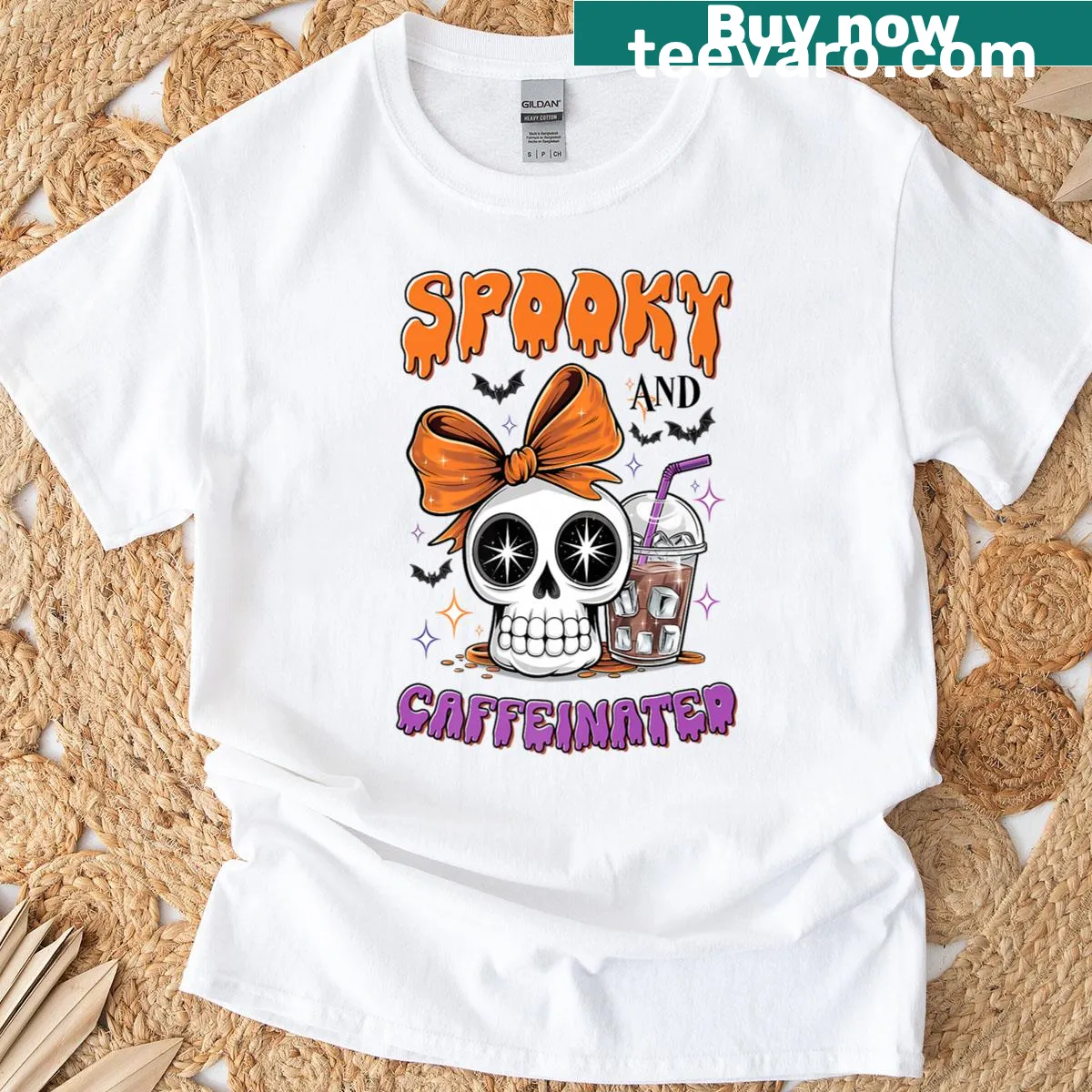 Cute skull with bow and iced coffee graphic t-shirt — on a men's t-shirt