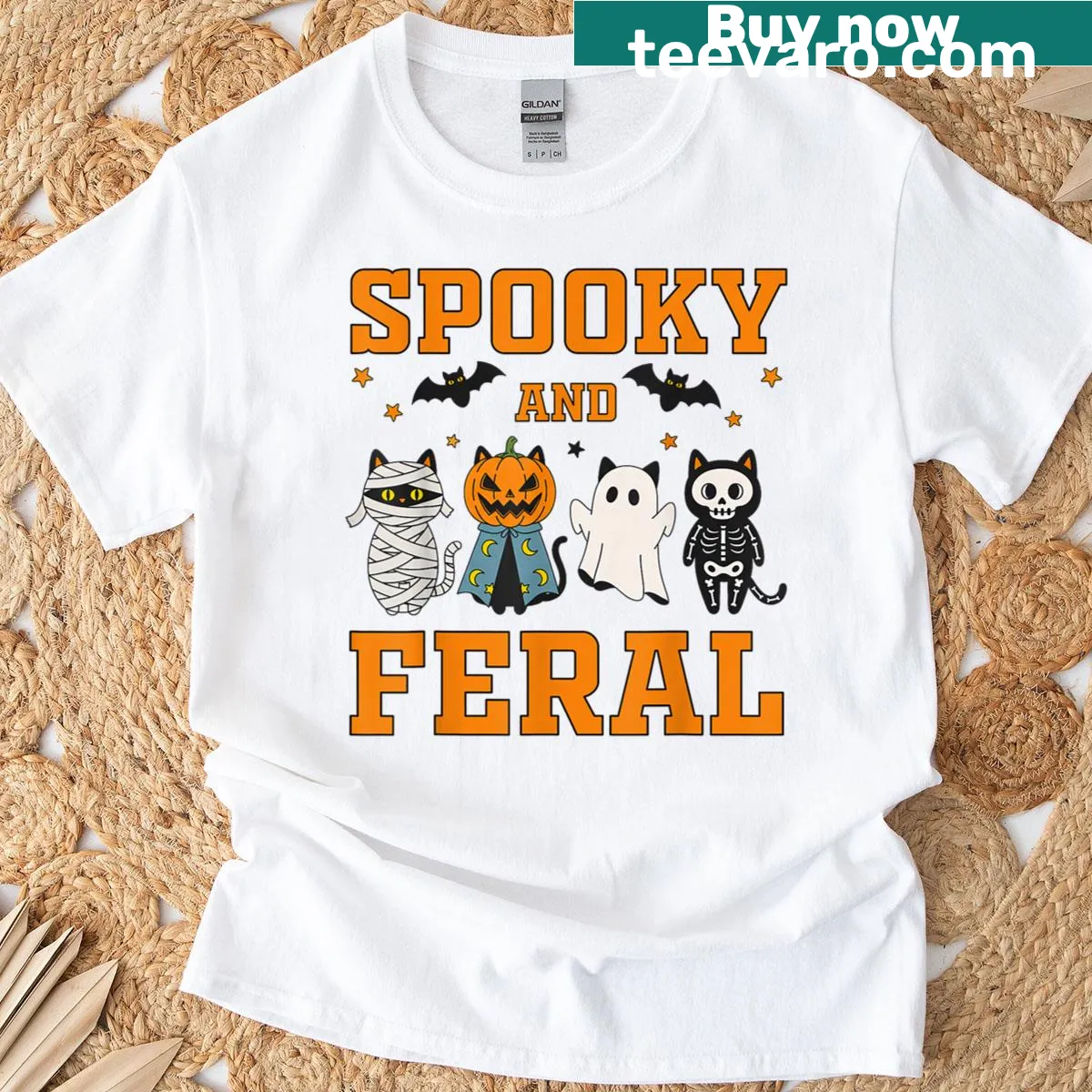 Cute feral cats and pumpkins Halloween shirt — on a men's t-shirt