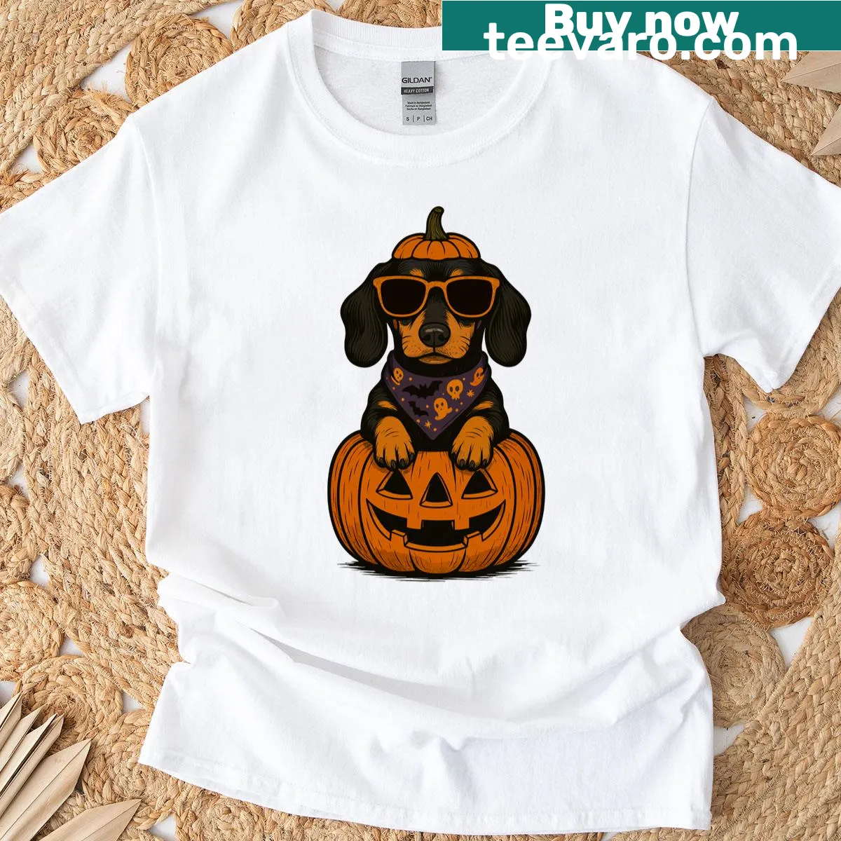 Cute dachshund in a pumpkin costume graphic on a t-shirt — on a men's t-shirt