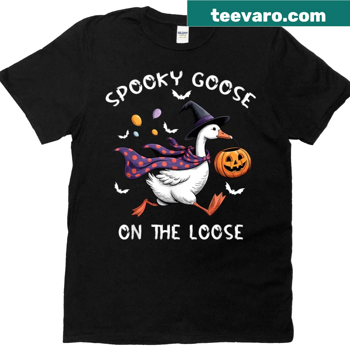 Halloween T-shirt featuring a cartoon goose dressed as a witch — on a men's t-shirt