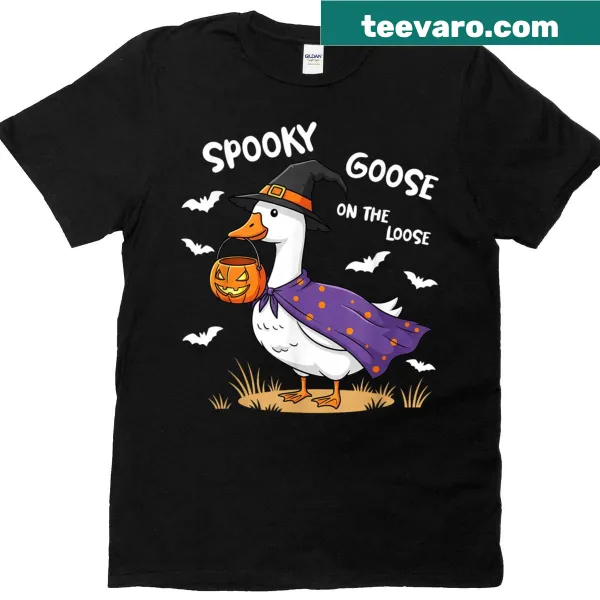 Cartoon t-shirt featuring a silly goose dressed as a witch
