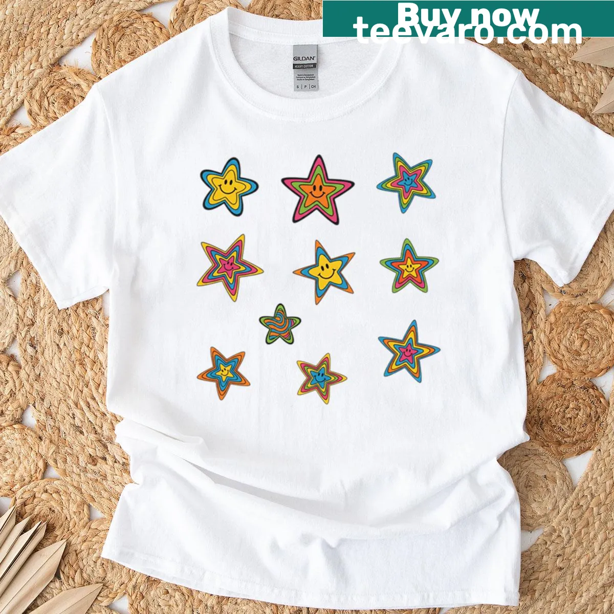 Celestial-themed shirt with stars and cosmic design elements — on a men's t-shirt