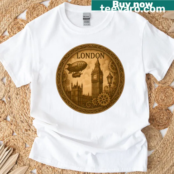 Edgy illustration of steampunk London on a T-shirt