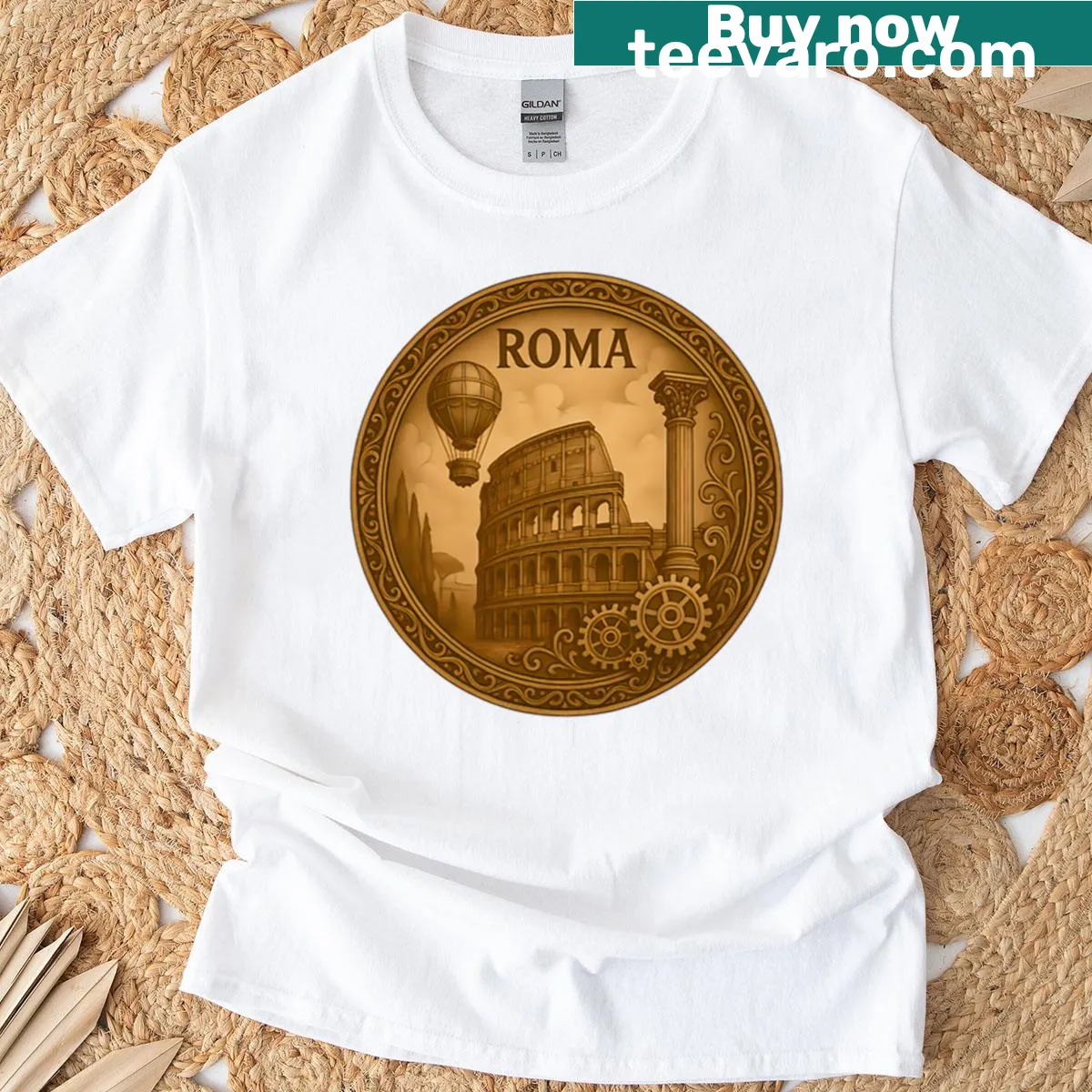 Steampunk-inspired design featuring Rome's architecture — on a men's t-shirt