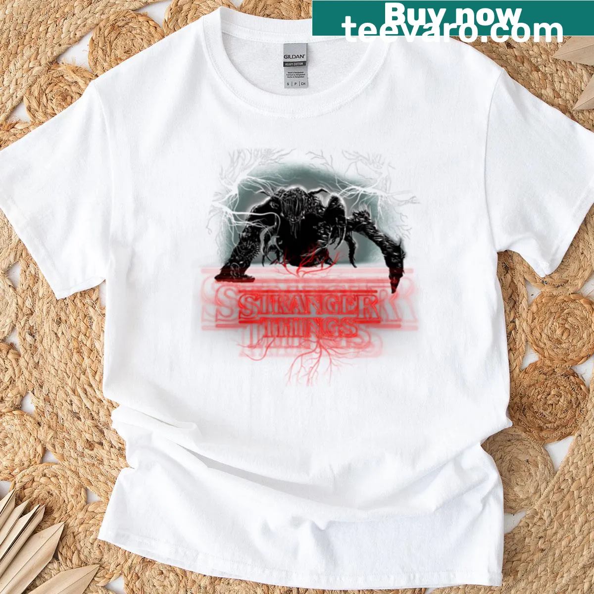 Vintage style Stranger Things t-shirt with Mind Flayer logo — on a men's t-shirt
