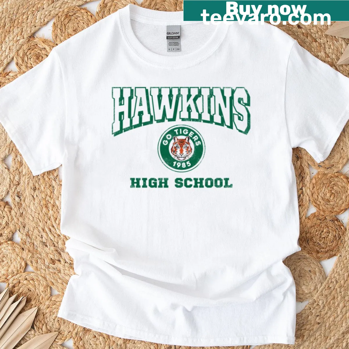 Vintage Hawkins High School collegiate t-shirt from Stranger Things — on a men's t-shirt