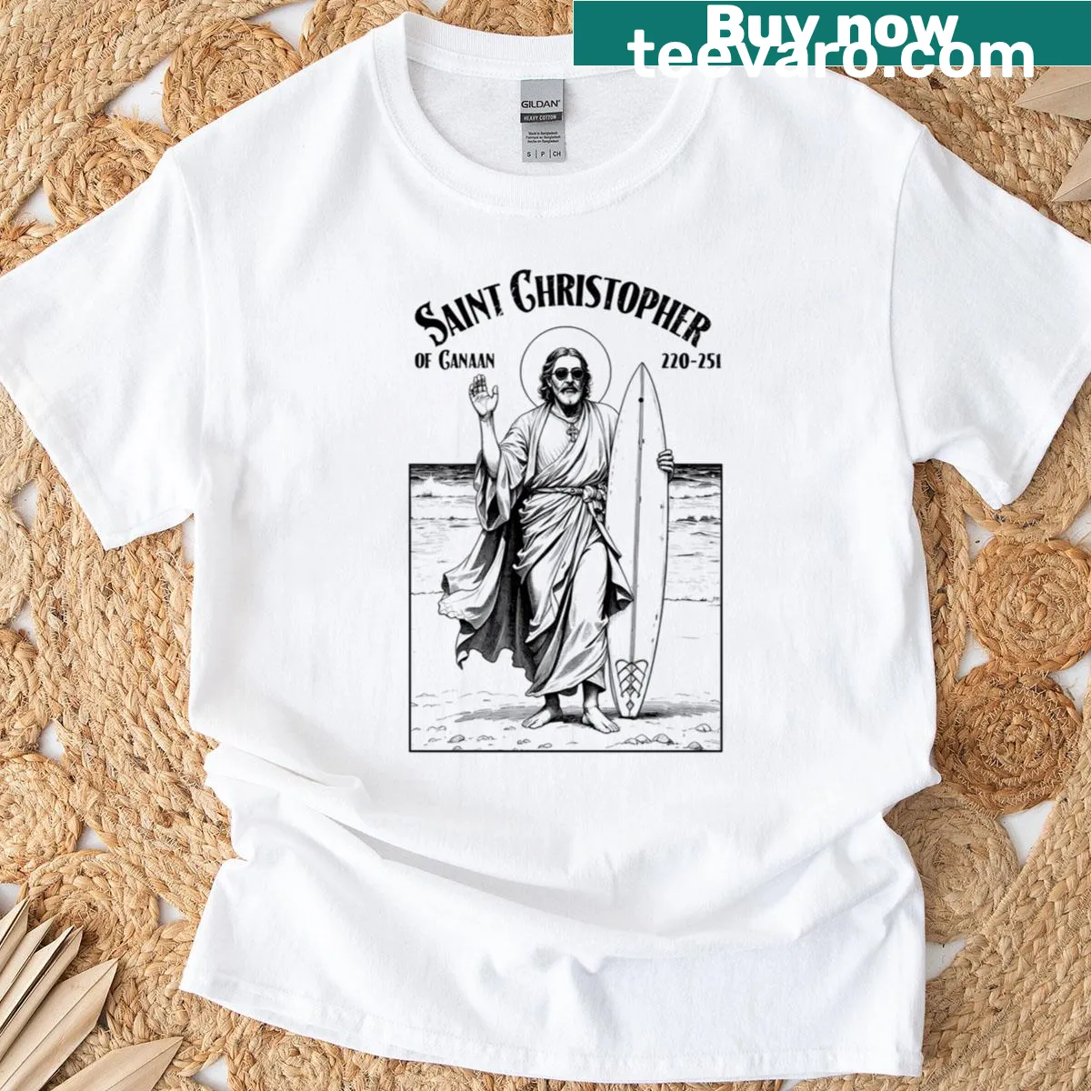 Illustration of Saint Christopher with surfboards — on a men's t-shirt