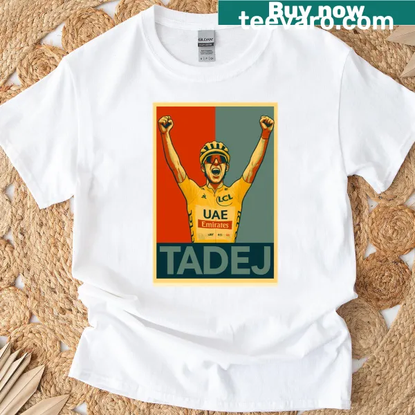 Illustration of Tadej Pogacar in yellow jersey celebrating triumph