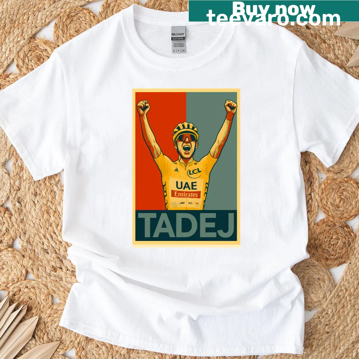 Illustration of Tadej Pogacar in yellow jersey celebrating triumph — on a men's t-shirt
