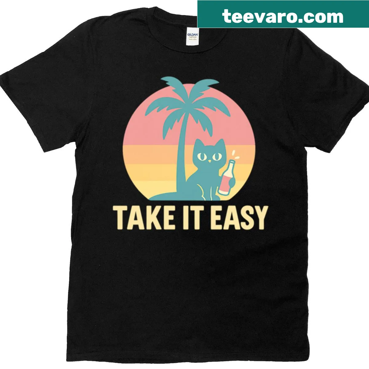 Retro T-shirt with a cat graphic, sunset, and palm tree design. — on a men's t-shirt