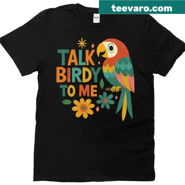 Retro parrot design with 'Talk Birdy To Me' text
