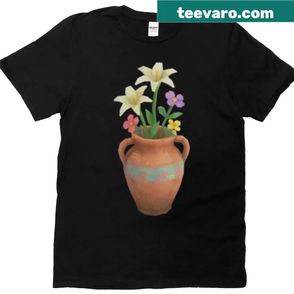 Illustrated floral design of terracotta vessel with lilies on t-shirt