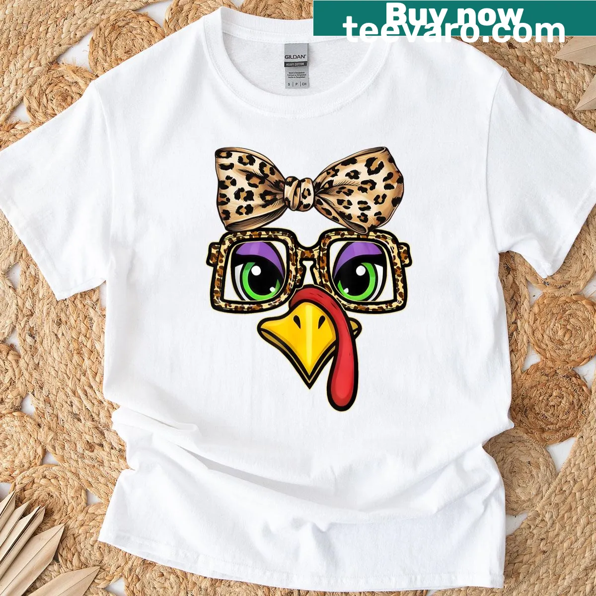 Cute turkey face with bow graphic on Thanksgiving T-shirt — on a men's t-shirt
