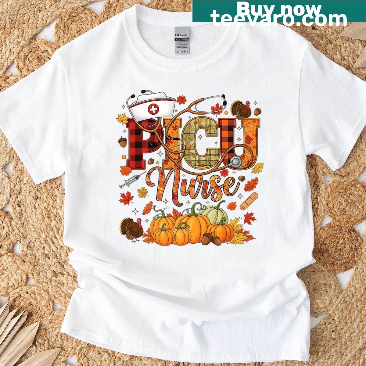 Thanksgiving nurse shirt with stethoscope and autumn leaves — on a men's t-shirt