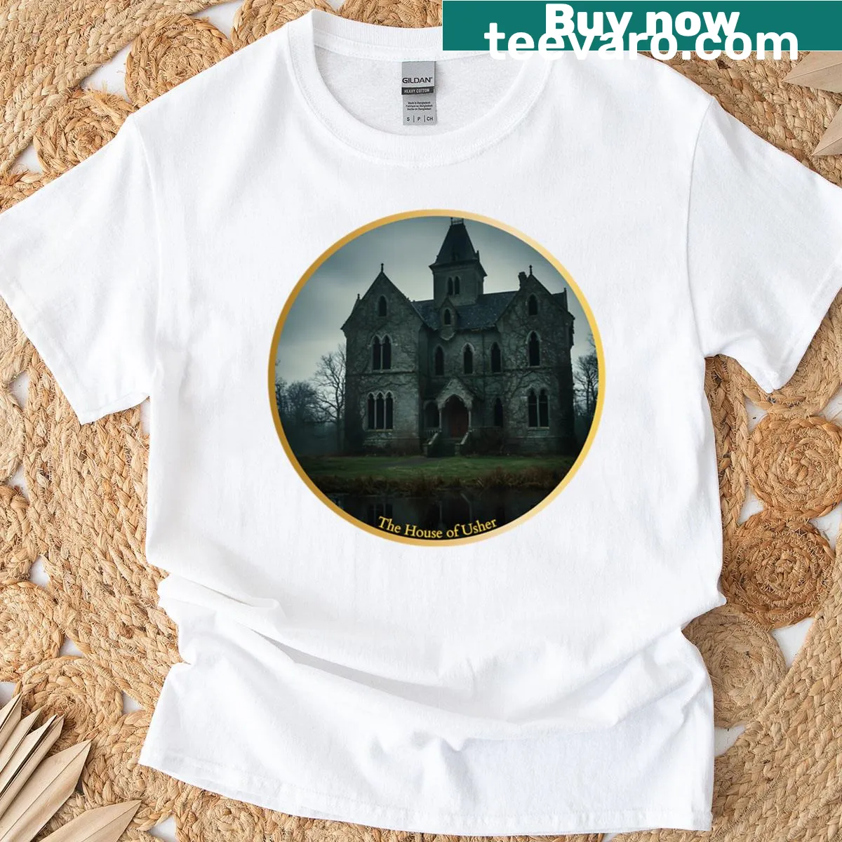T-shirt featuring an illustration inspired by Edgar Allan Poe's 'The House of Usher.' — on a men's t-shirt