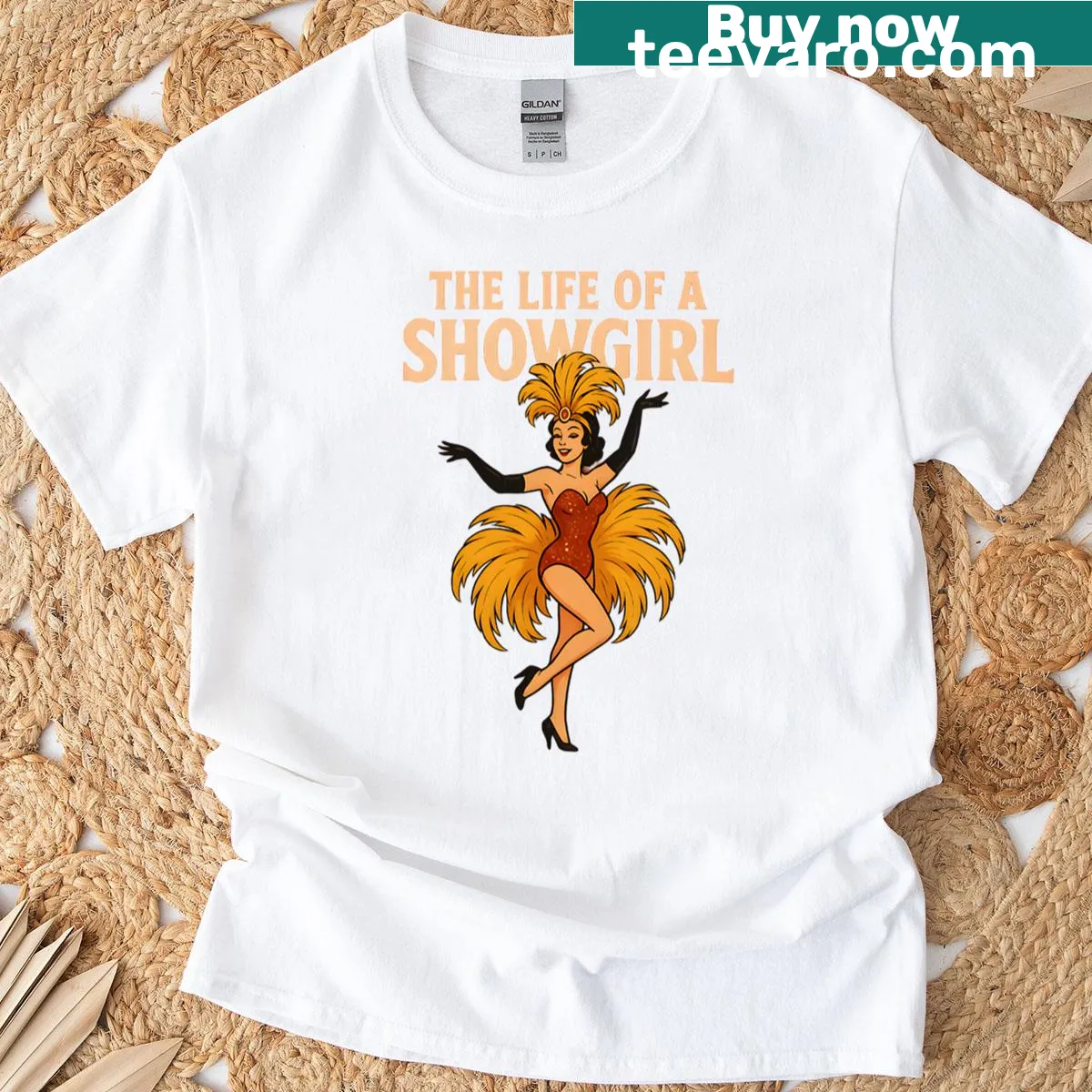 Retro art design featuring a showgirl — on a men's t-shirt