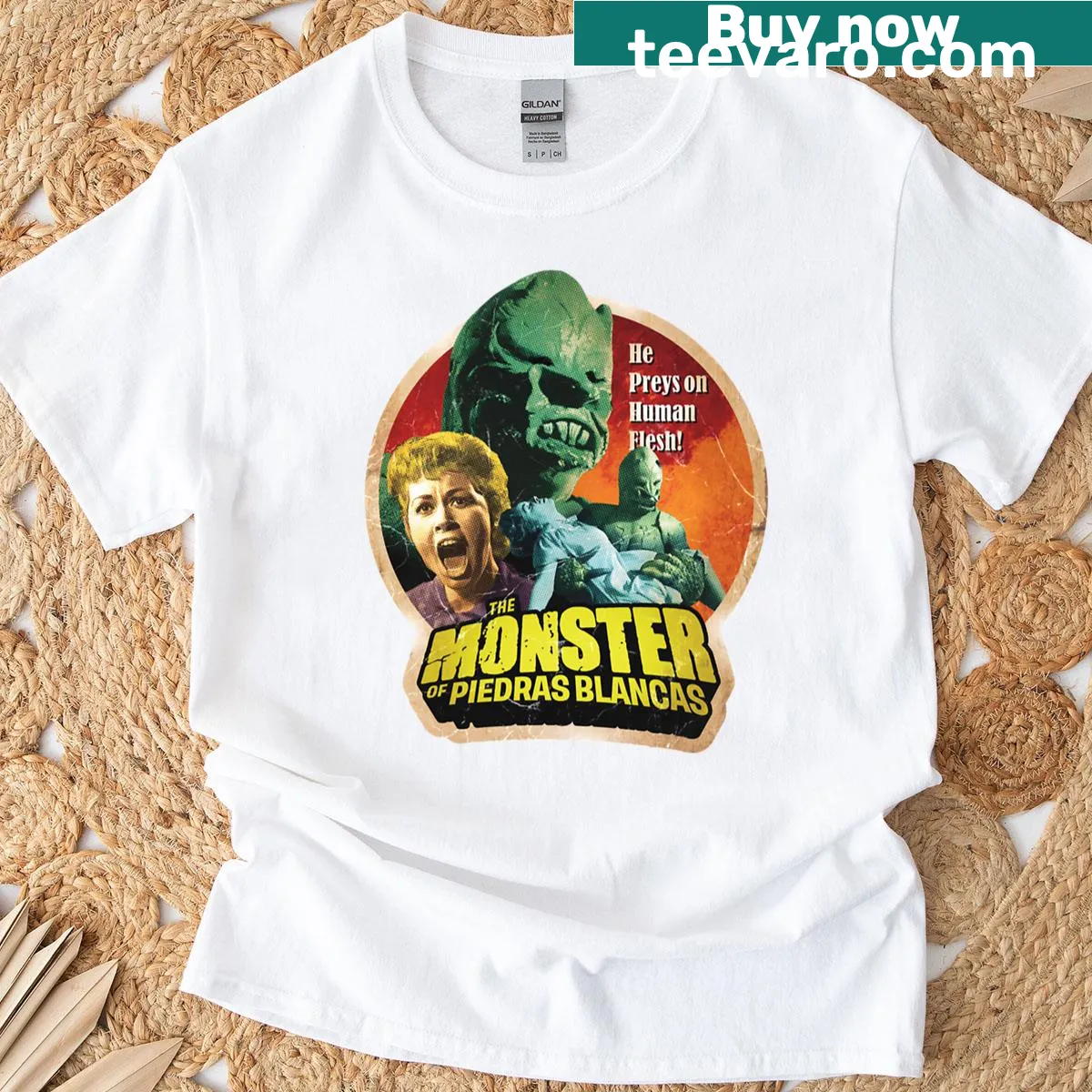 Illustrated t-shirt featuring the Monster of Piedras Blancas — on a men's t-shirt