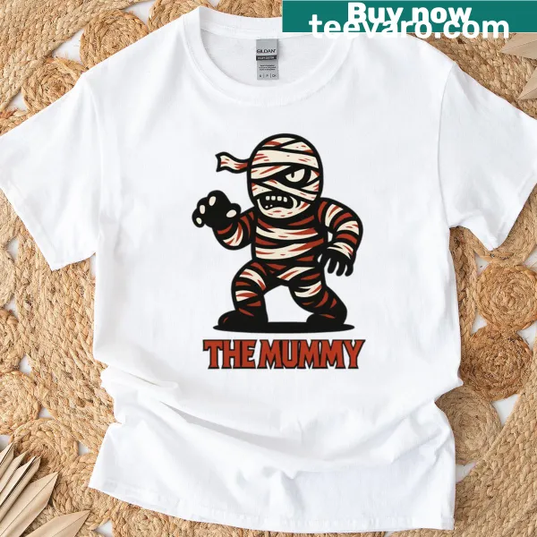 Cartoon mummy graphic in a lighthearted design on a T-shirt