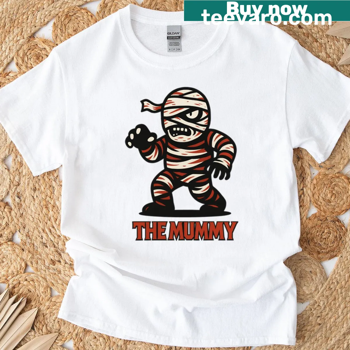 Cartoon mummy graphic in a lighthearted design on a T-shirt — on a men's t-shirt