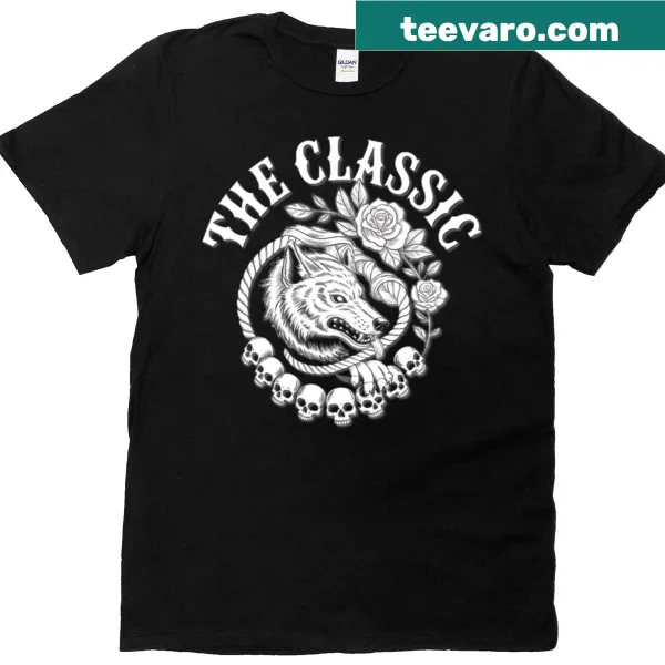 T-shirt with traditional tattoo-style wolf skull and rose design