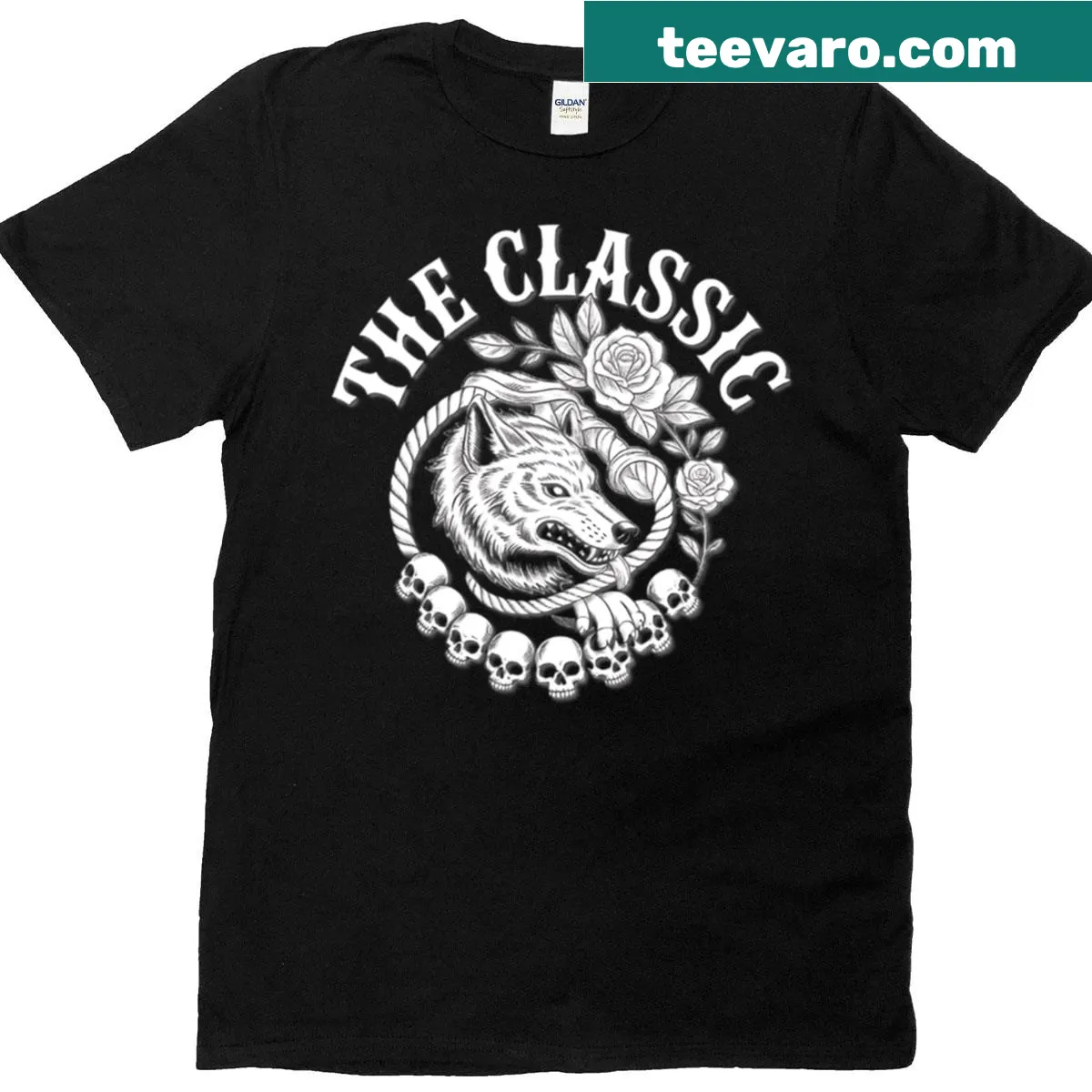 T-shirt with traditional tattoo-style wolf skull and rose design — on a men's t-shirt