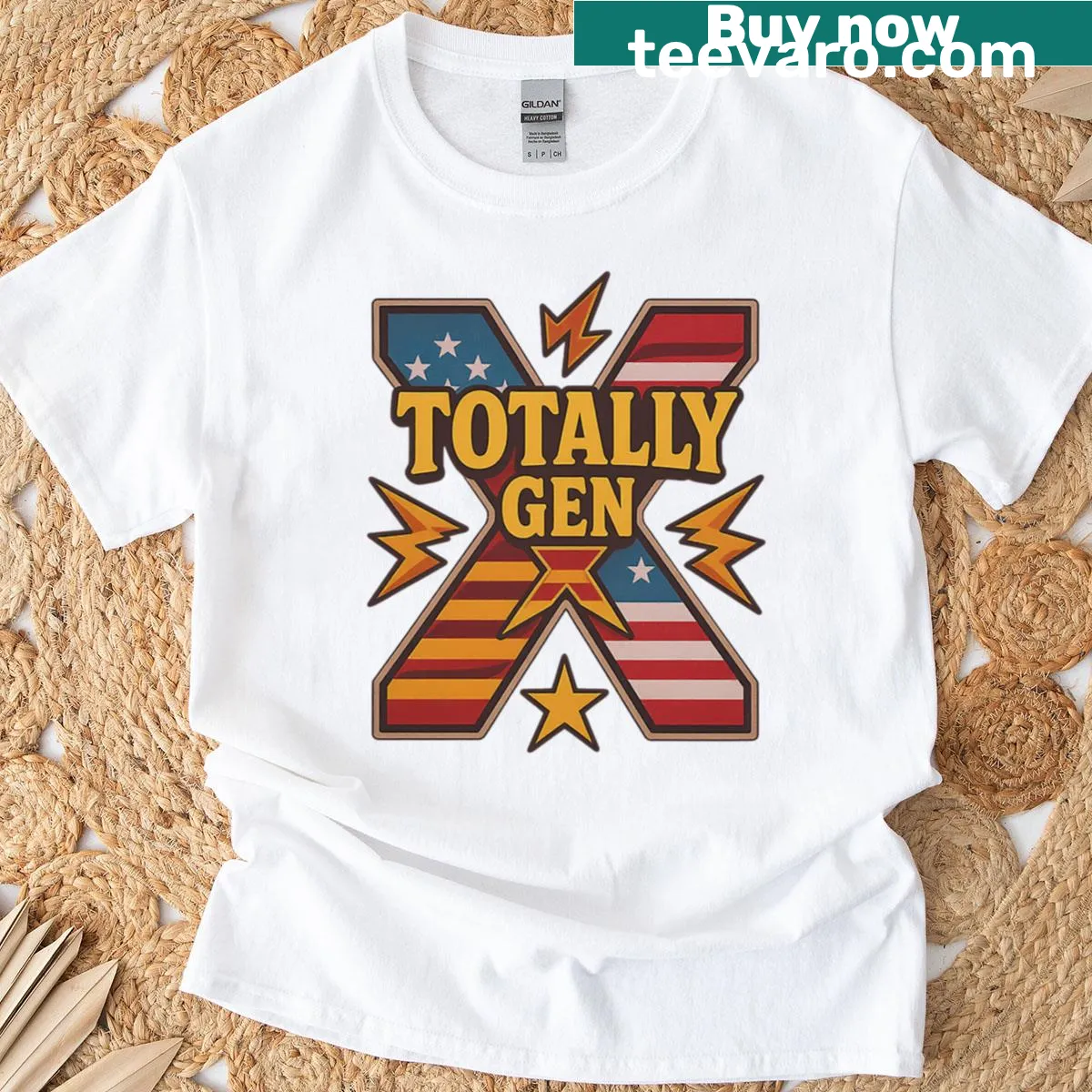 Gen X themed tee with stars, stripes, and lightning graphics — on a men's t-shirt