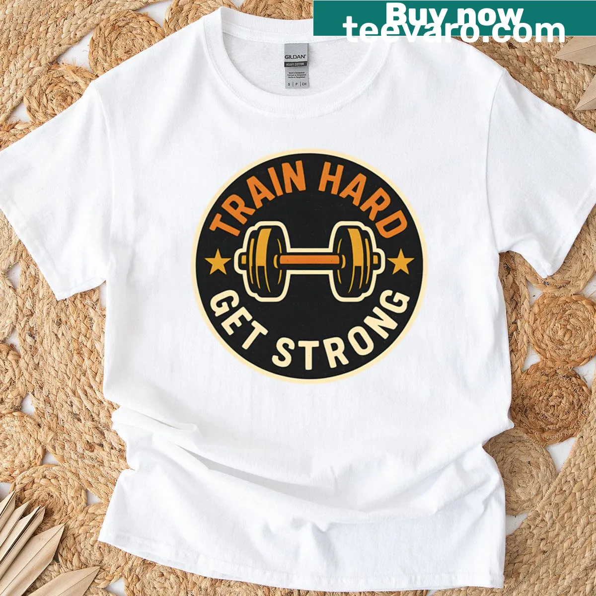 Gym motivation T-shirt with dumbbell design — on a men's t-shirt