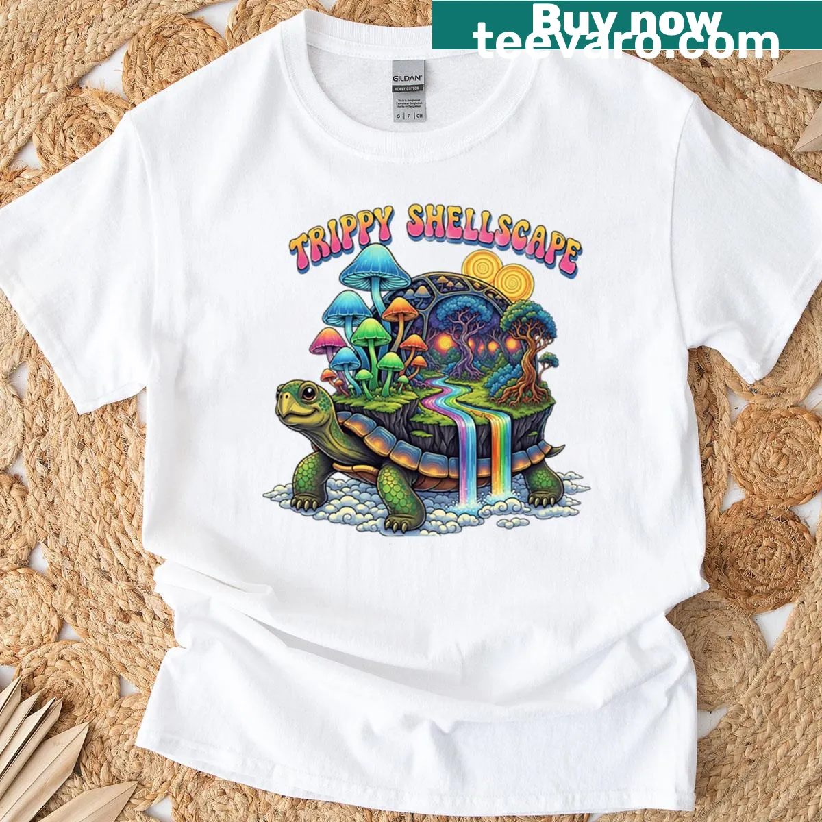 Illustrative oversized t-shirt featuring a turtle with a detailed shellscape design — on a men's t-shirt