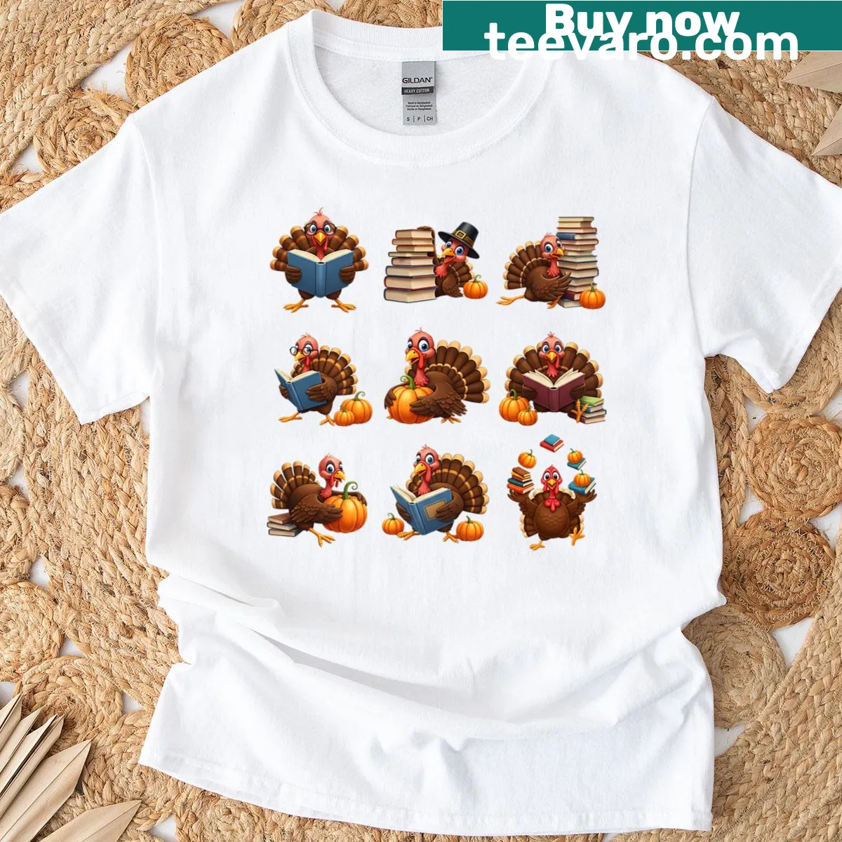 Thanksgiving t-shirt featuring a turkey, books, and pumpkins in a festive design — on a men's t-shirt