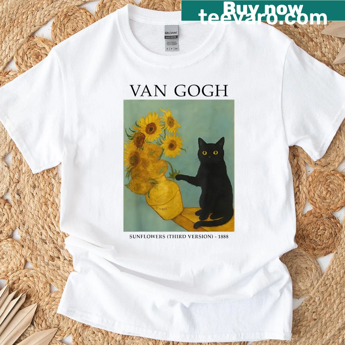 T-shirt featuring a black cat with sunflowers inspired by Van Gogh — on a men's t-shirt