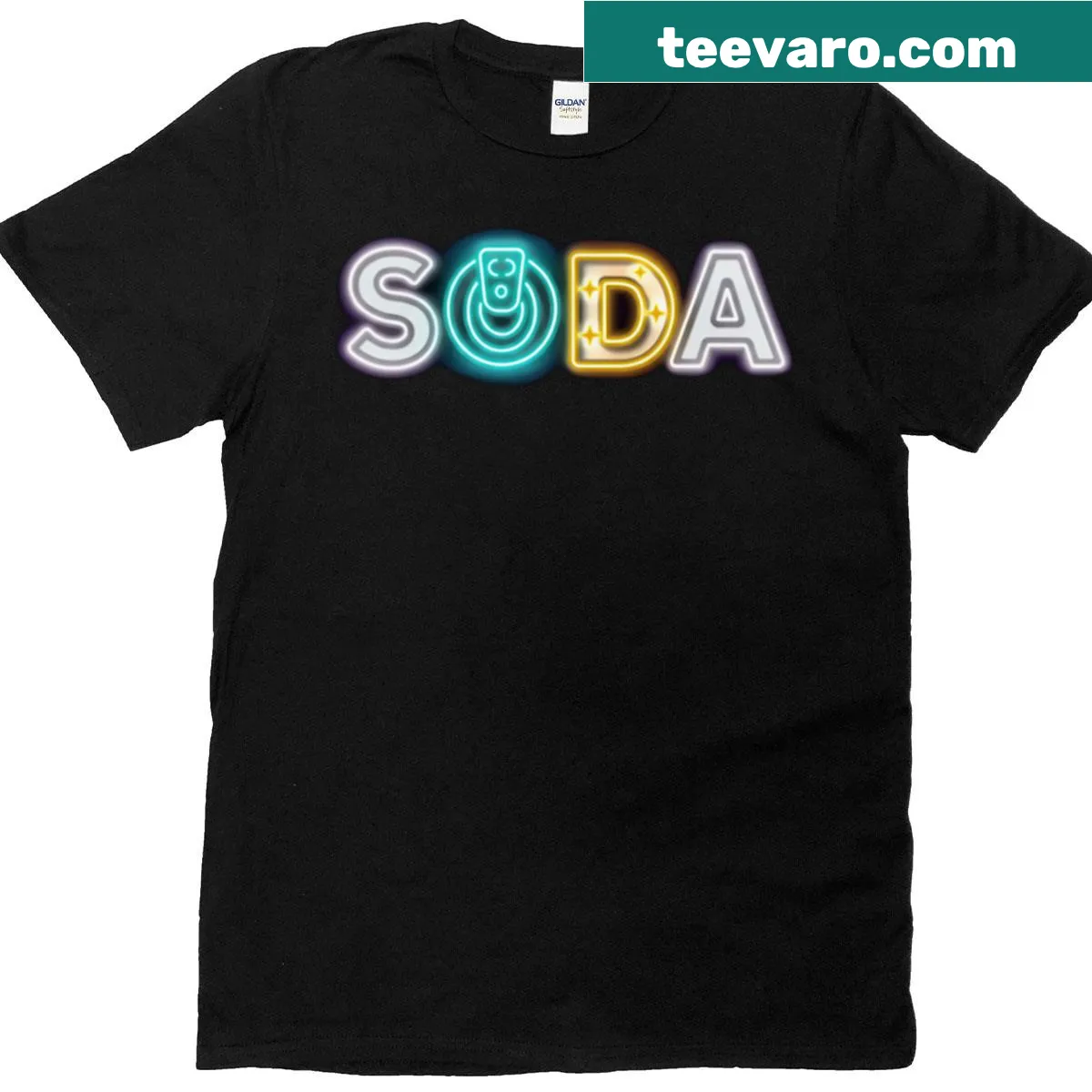 Playful retro soda pop can T-shirt with neon glow art design. — on a men's t-shirt