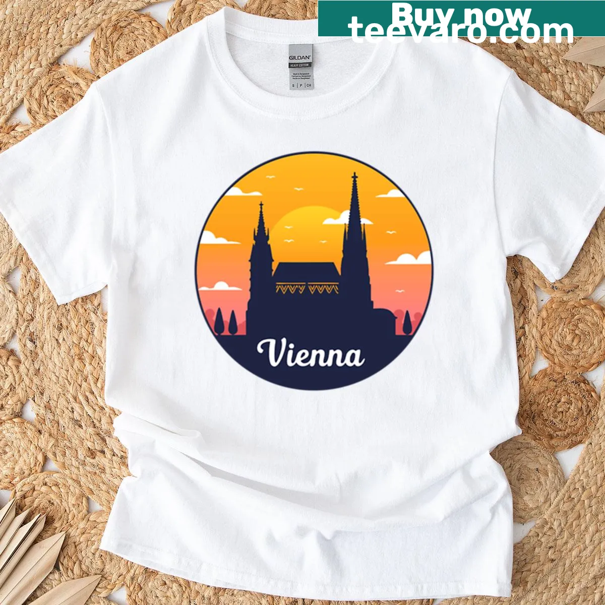 Retro travel emblem design for Vienna Austria on T-shirt — on a men's t-shirt