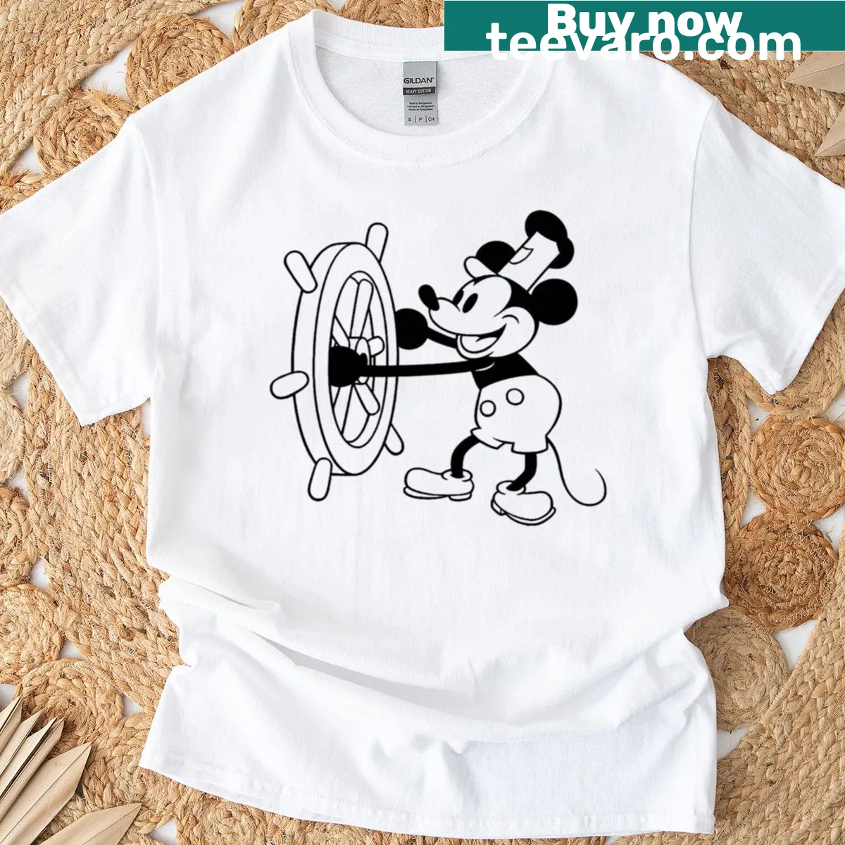 Vintage cartoon mouse on steamboat graphic T-shirt — on a men's t-shirt